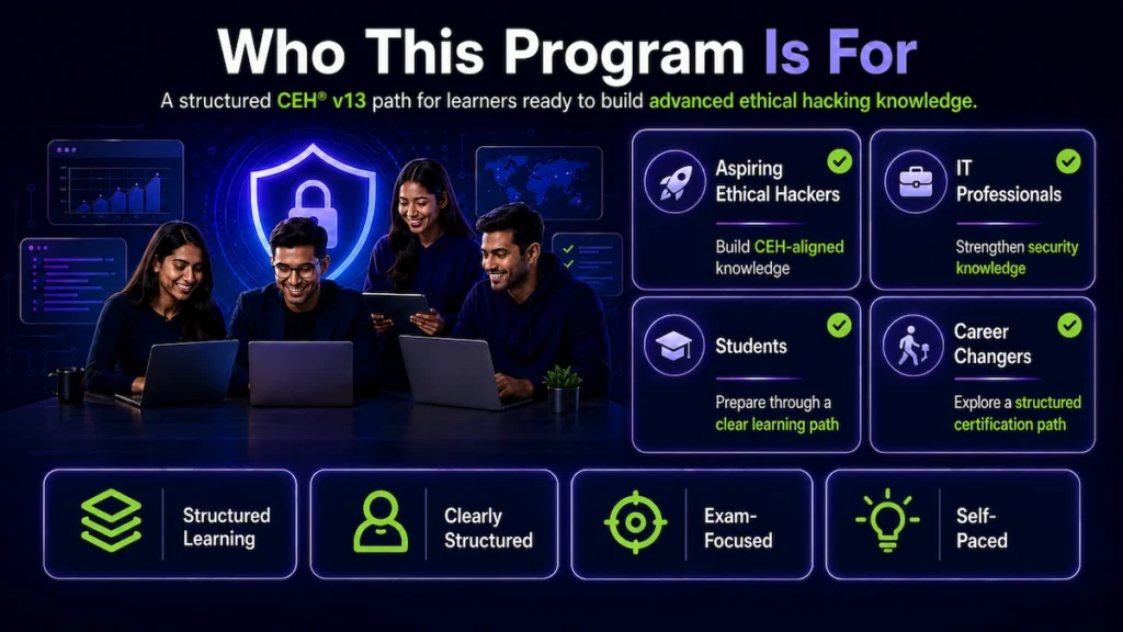 ChatGPT Image 14 août 2026 à 10_36_46 CEH candidates looking for a structured preparation path Cybersecurity students ready to expand their knowledge Ethical Hacker Bundle graduates moving to the next level IT and cybersecurity professionals reviewing essential security domains Learners who want a broad understanding of ethical hacking, even if they are not yet registered for the CEH exam